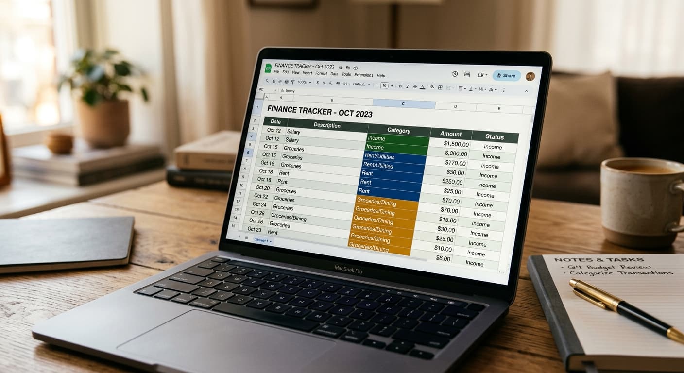 A laptop screen showing color-coded transaction categories