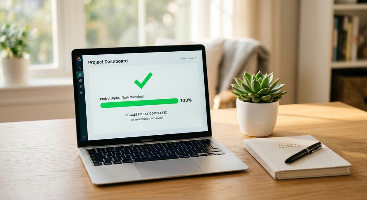 A clean desk with a laptop showing a completed dashboard