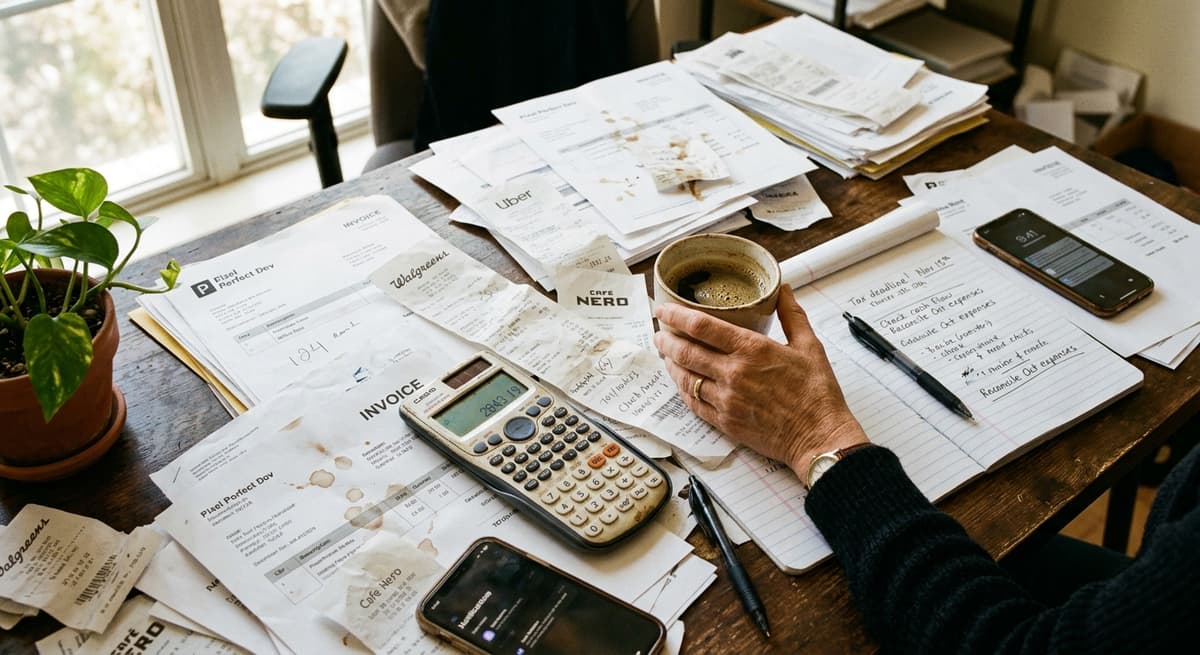 A messy desk covered in receipts and invoices with a coffee cup
