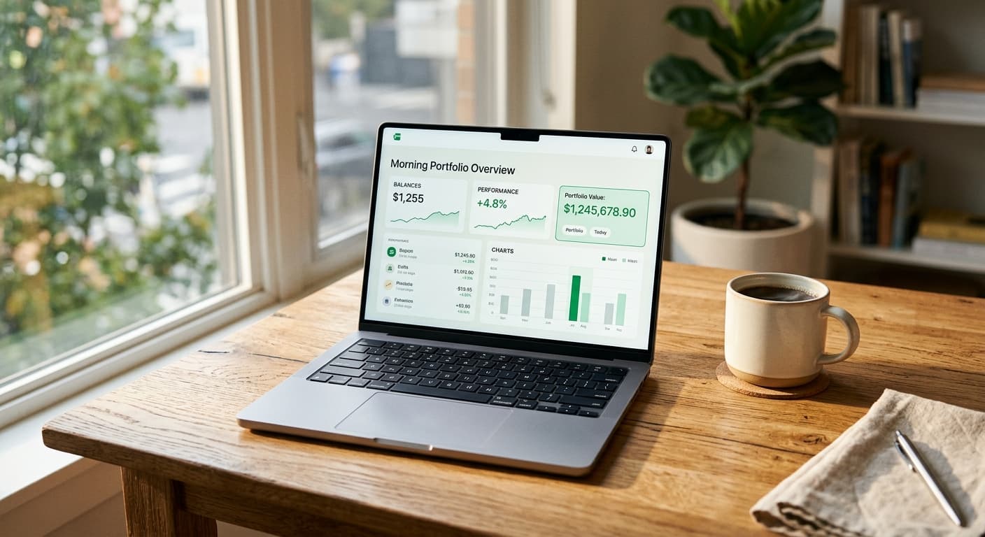 A laptop on a warm wooden desk with morning light, showing a clean financial dashboard